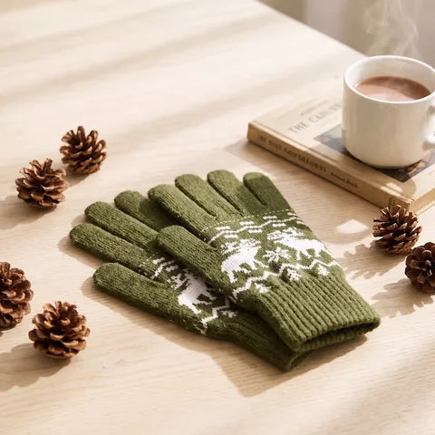 Men's Winter Thickened Warm Knitted Gloves Acrylic Snowflake Bear Jacquard Casual Full Finger Gloves
