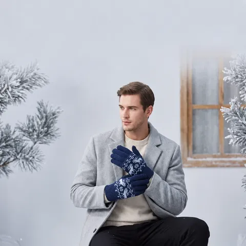 Men's Winter Thickened Warm Knitted Gloves Acrylic Snowflake Bear Jacquard Casual Full Finger Gloves