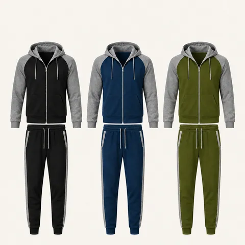 Survêtement à Capuche pour Homme en Polaire de Polyester Bloc de Couleur Veste Zippée et Pantalon Casual Sport Top And Bottom