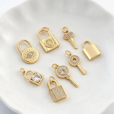 DIY Pendants Copper Gold Plated Lock Key Evil Eye Heart Zircon Charms For Jewelry Making Necklaces Bracelets
