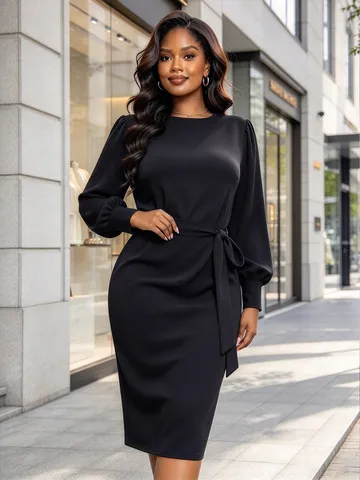 Women's Plus Size Solid Color Long Sleeve A-Line Midi Dress Elegant Commuter Tie-Belt Crew Neck Casual Dress Black