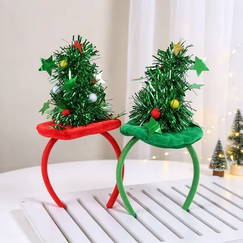 Festive Christmas Tree Headband Tinsel Pom Pom Stars Decoration Red Green Flannel Wrapped Hair Band For Xmas Holiday Party Favor
