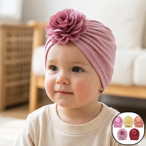 Newborn Baby Turban Hat Soft Polyester Stretchy Infant Bonnet Large Flower Fontanelle Protection Beanie Western Style Headwrap