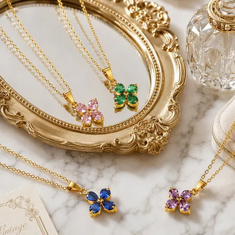 Stainless Steel Four Leaf Clover Zirconia Pendant Necklace 18K Gold Plated Lucky Flower Jewelry For Women Girls Gift