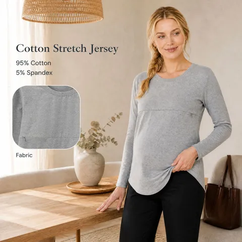 Maternity Nursing T-Shirt Long Sleeve Round Neck Combed Cotton Breastfeeding Top For Pregnant Women Solid Color Casual Clothing