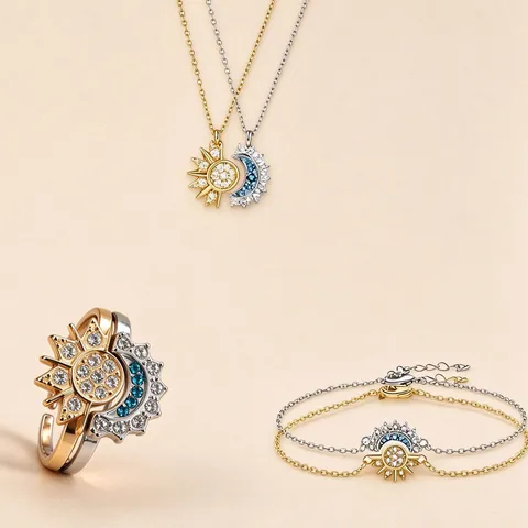 Celestial Sun Moon Adjustable Open Ring Set For Women Gold Silver Zinc Alloy Rhinestone Inlaid Jewelry Necklace Bracelet