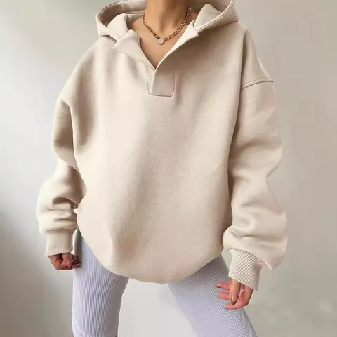 Women's Casual Loose Oversized V-neck Hoodie Long Sleeve Spandex Cotton Blend Pullover Sweatshirt Top For Autumn Winter