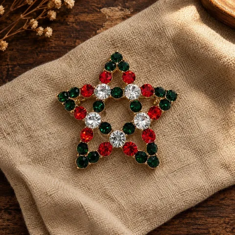 Vintage Legering Ster Strass Brosche Pin Kerst Rood Groen Helder Strass Ingelegde Mode Sieraden Voor Vrouwen Bruiloft Feest Cadeau