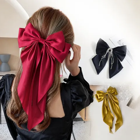 Large Bow Hair Clip Satin Long Ribbon Elegant French Style Hair Accessories For Women Girls