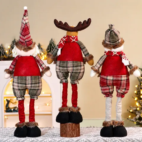 Christmas Retractable Leg Dolls Santa Claus Snowman Reindeer Standing Plush Knitted Fabric Ornaments Festive Home Decor