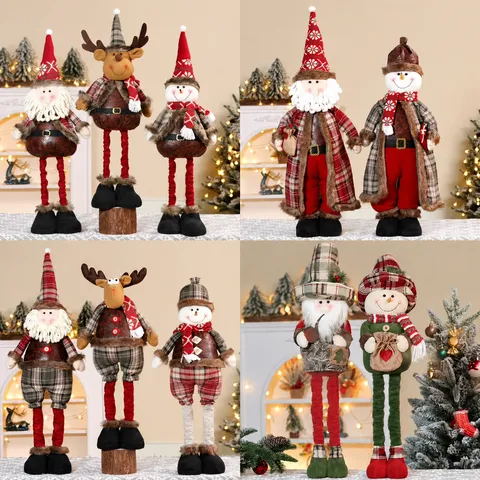 Christmas Retractable Leg Dolls Santa Claus Snowman Reindeer Standing Plush Knitted Fabric Ornaments Festive Home Decor