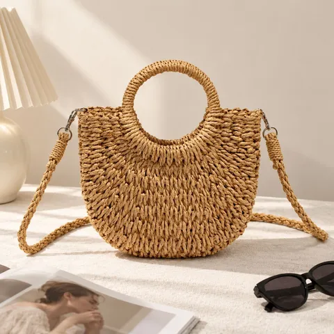 Womens Straw Tote Bag Handcrafted Woven Crossbody Beach Vacation Bag Drawstring Closure Casual Purse For Women Summer