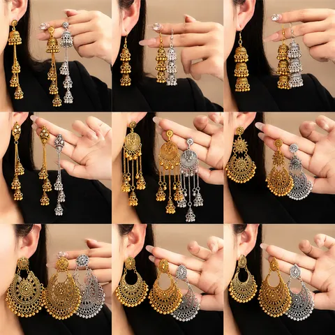 Pendientes De Borlas Bohemios Étnicos Retro Aleación Flor Tallada Luna Hueca Jhumka Campana Pendientes Colgantes Con Poste Acero