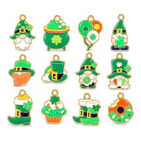 St Patrick Day Legierung Emaille Charms Glückskleeblatt Gnom Leprechaun Hut Anhänger DIY Schmuckherstellung Ohrring Zubehör Gold Überzogen Dekor