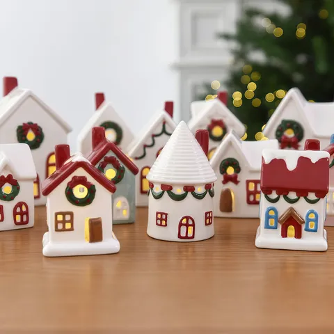 Keramische Kerst Sneeuwhuis Ornament LED Verlicht Scandinavische Stijl Desktop Decor Feestelijke Sfeer Kandelaar