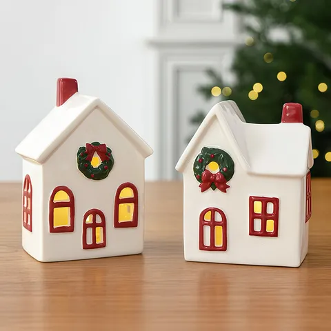 Keramische Kerst Sneeuwhuis Ornament LED Verlicht Scandinavische Stijl Desktop Decor Feestelijke Sfeer Kandelaar
