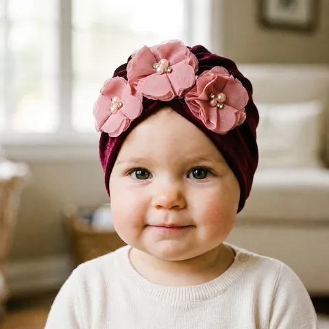 Soft Velvet Baby Turban Hat With 3D Chiffon Flower Artificial Pearl Rhinestone Warm Infant Newborn Headwrap Beanie Jewelry