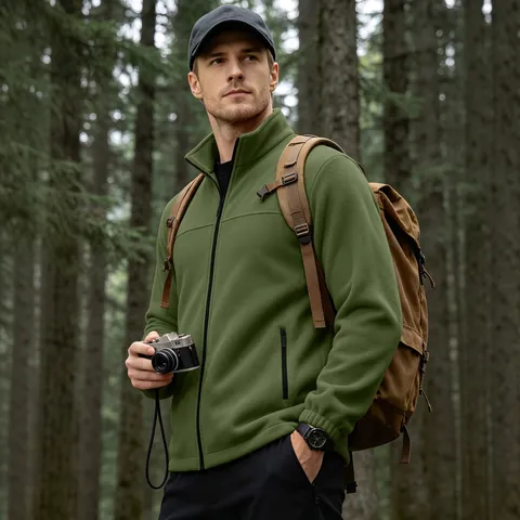 Men's Outdoor Polar Fleece Jacket Stand Collar Full Zip Solid Color Winter Warm Soft Shell Coat For Hiking Sports Casual Top