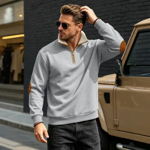 Sweatshirt à Capuche Rétro Homme Demi-Fermeture Éclair Col Montant Patchwork Manches Longues Doublé en Sherpa