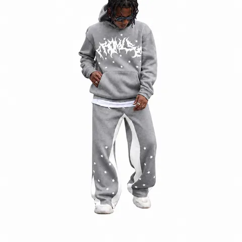 Survêtement à Capuche pour Hommes Streetwear Imprimé Étoiles Ensemble Hoodie Et Pantalon de Jogging Épaissi Hiver Sport