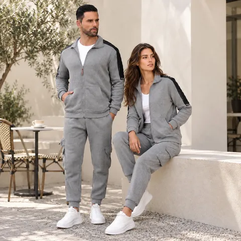 Ensemble de Vêtements de Sport Décontracté pour Hommes Hiver Doublé Polaire Col Montant Veste Manches Longues et Pantalon Jogging Survêtement