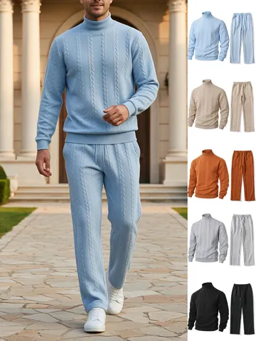 Herren Verdickt Jacquard Zopfstrick Anzug Rollkragen Warm Pullover Und Hose Set Europäische Größe Casual Winter Trainingsanzug