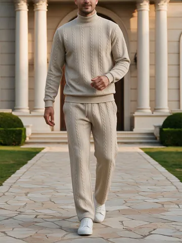 Herren Verdickt Jacquard Zopfstrick Anzug Rollkragen Warm Pullover Und Hose Set Europäische Größe Casual Winter Trainingsanzug