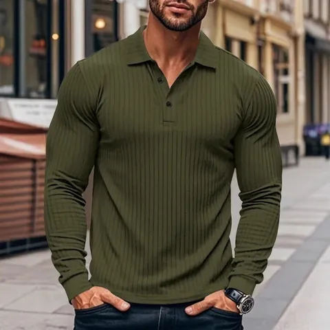 Polo da Uomo Casual a Manica Lunga Classico Revers Bottone Slim Fit Elastico a Coste a Righe Top per Primavera Autunno