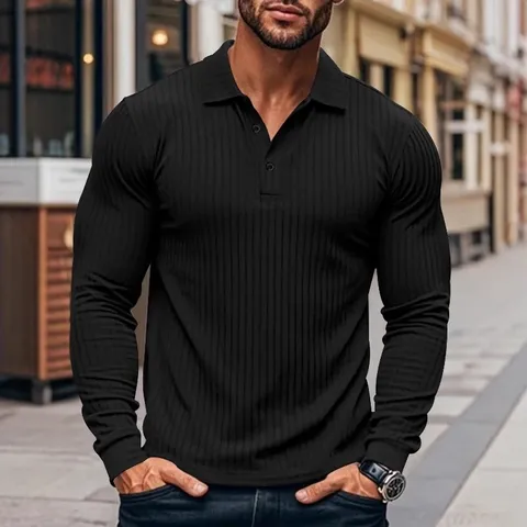 Polo da Uomo Casual a Manica Lunga Classico Revers Bottone Slim Fit Elastico a Coste a Righe Top per Primavera Autunno