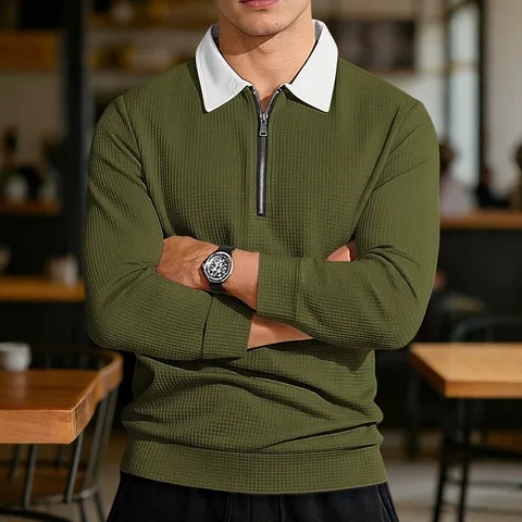Polo Da Uomo In Maglia A Nido D'Ape Manica Lunga Con Mezza Zip Colletto A Contrasto Casual Tinta Unita Moda