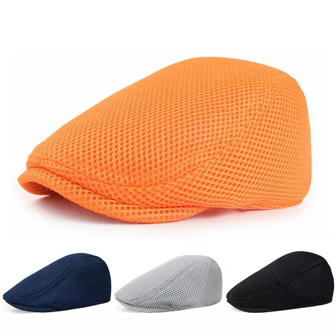 Gorra de Vendedor de Periódicos de Malla para Hombre Transpirable Verano Boina Plana Color Sólido Ajustable Poliéster Protección Solar
