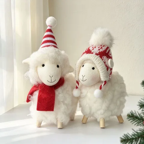 Ornement de Mouton en Peluche de Noël Poupée d'Agneau Frisé Blanc Avec Bonnet en Tricot et Pieds en Bois Décoration de Maison