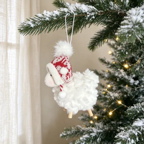 Ornement de Mouton en Peluche de Noël Poupée d'Agneau Frisé Blanc Avec Bonnet en Tricot et Pieds en Bois Décoration de Maison