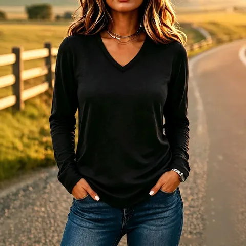 Γυναικείο Casual T-Shirt με Λαιμόκοψη V και Μακρύ Μανίκι Χαλαρή Εφαρμογή Βαμβακερό Πλεκτό Τοπ Μονόχρωμη Βασική Μπλούζα