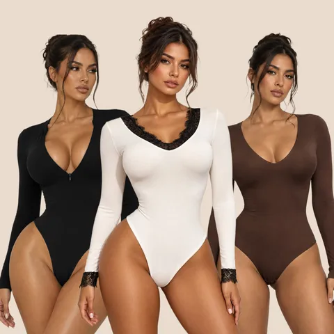 Sexy Bodysuit a Maniche Lunghe da Donna Tinta Unita Slim Fit Shapewear Jumpsuit Top Autunno Inverno Senza Cuciture Abbigliamento