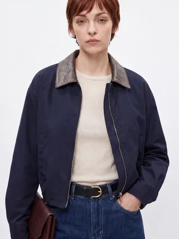 Dames Casual Katoenen Jas Barn Stijl Kleurblok PU Leren Kraag Rits Korte Mantel Herfst Bovenkleding Dames Top
