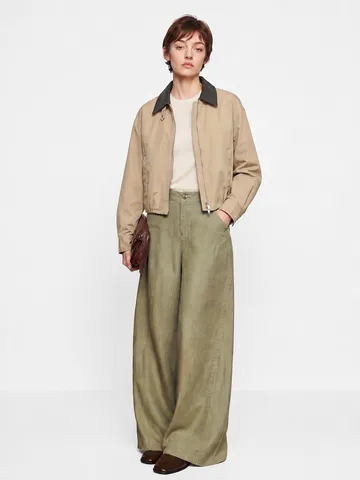 Dames Casual Katoenen Jas Barn Stijl Kleurblok PU Leren Kraag Rits Korte Mantel Herfst Bovenkleding Dames Top
