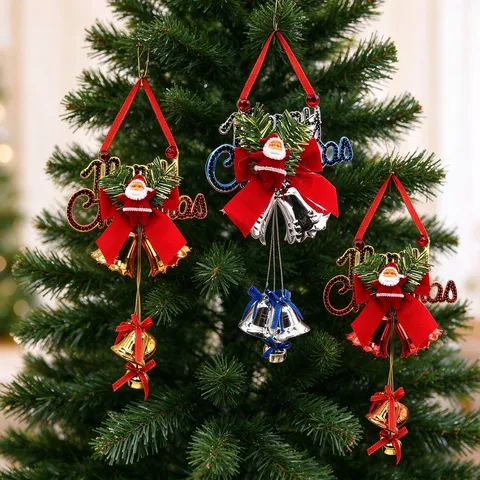 Adorno Colgante de Campana Merry Christmas Con Figura de Papá Noel Lazo Agujas de Pino PVC Metal Decoración Puerta