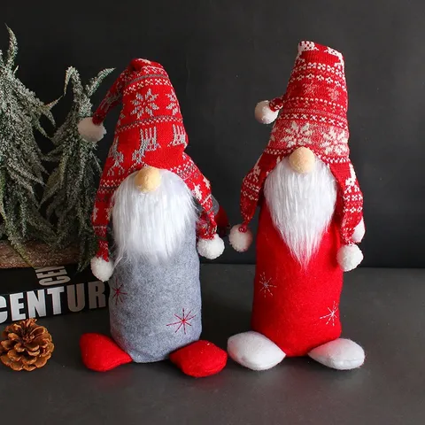 Christmas Gnome Plush Doll Red Gray Reindeer Snowflake Knitted Hat Standing Tomte Swedish Ornament Festive Home Window Decor