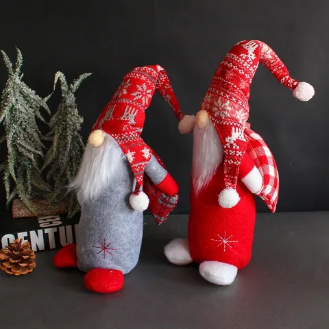 Christmas Gnome Plush Doll Red Gray Reindeer Snowflake Knitted Hat Standing Tomte Swedish Ornament Festive Home Window Decor