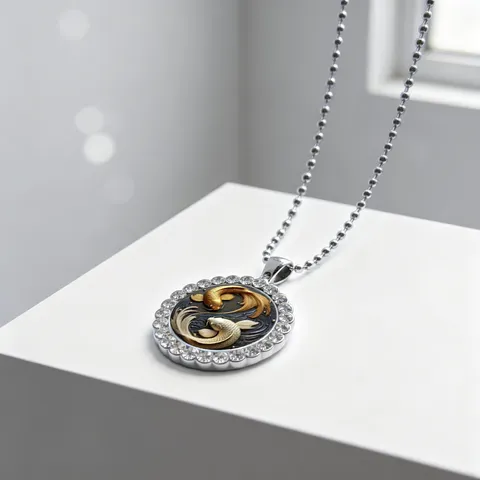 Alloy Rhinestone Tai Chi Yin Yang Koi Pendant Necklace Round Glass Time Gem Chinese Style Dual Fish Jewelry For Men Women