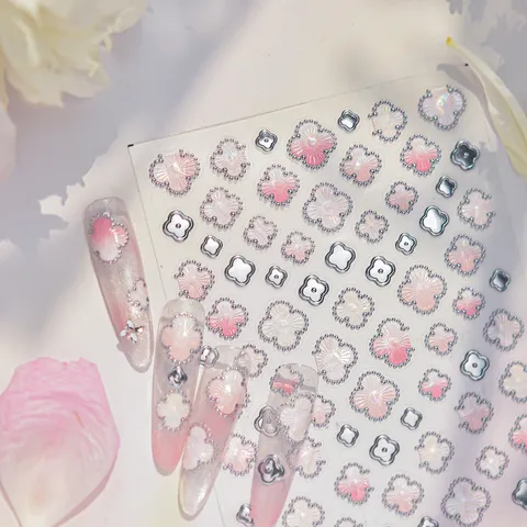 Holographic Clover Nail Art Stickers Pearlescent Gradient Flower Nail Decals Bronzing Silver Edge Nail Decoration For Women