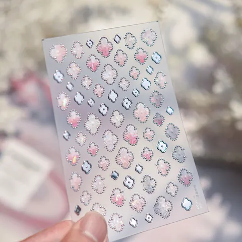 Holographic Clover Nail Art Stickers Pearlescent Gradient Flower Nail Decals Bronzing Silver Edge Nail Decoration For Women