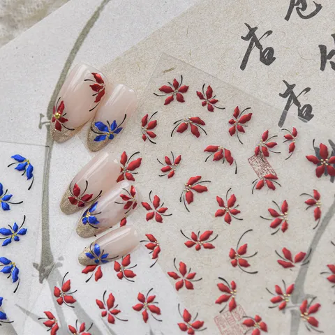 New Chinese Vintage Style Flower Nail Art Stickers Cinnabar Red Floral Nail Decals For Women Elegant DIY Manicure Accessory Decoration