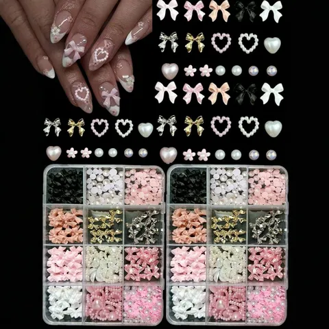 Mixed Bowknot Heart Artificial Pearl Nail Art Charms Resin Alloy Manicure Rhinestone Decorations For DIY Nail Design Jewelry