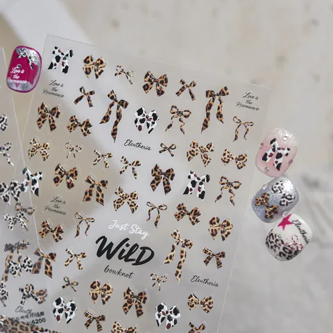 Embossed Leopard Bow Nail Art Stickers 3D Butterfly Cow Pattern DIY Self Adhesive Manicure Nail Decals For Women Beauty Decor
