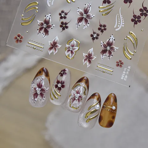 New Chinese Style Red Brown Floral Nail Art Stickers 3D Vintage Gold Lines Rhinestone Artificial Pearl Manicure Decals For Women
