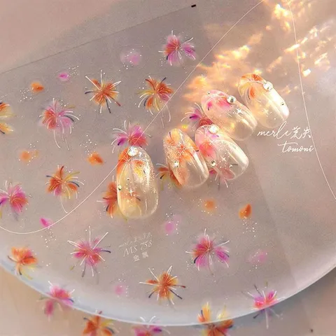 Gradient Iridescent Fireworks Floral Nail Stickers Self-Adhesive Stereoscopic Relief Manicure Decoration PET Nail Art Decals For Women