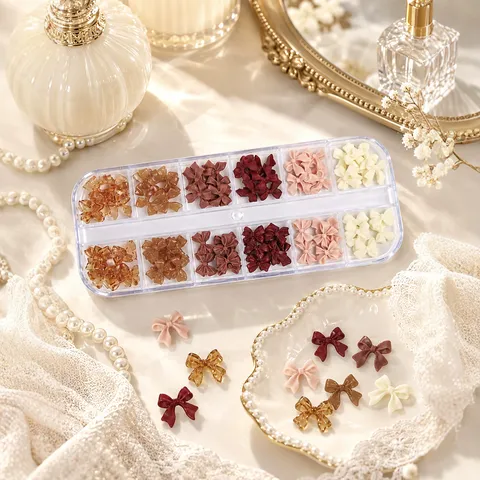 3D Bowknot Nail Art Decorations 12 Grids Mixed Resin Ribbon Bow Tie For Autumn Winter Manicure DIY Professional Accessories