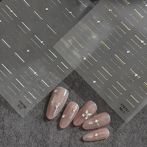 Minimalist Gold Silver Metallic Line Pearl Nail Art Stickers Rhinestone Starry Star Adhesive Nail Decoration For Women Manicure Decals